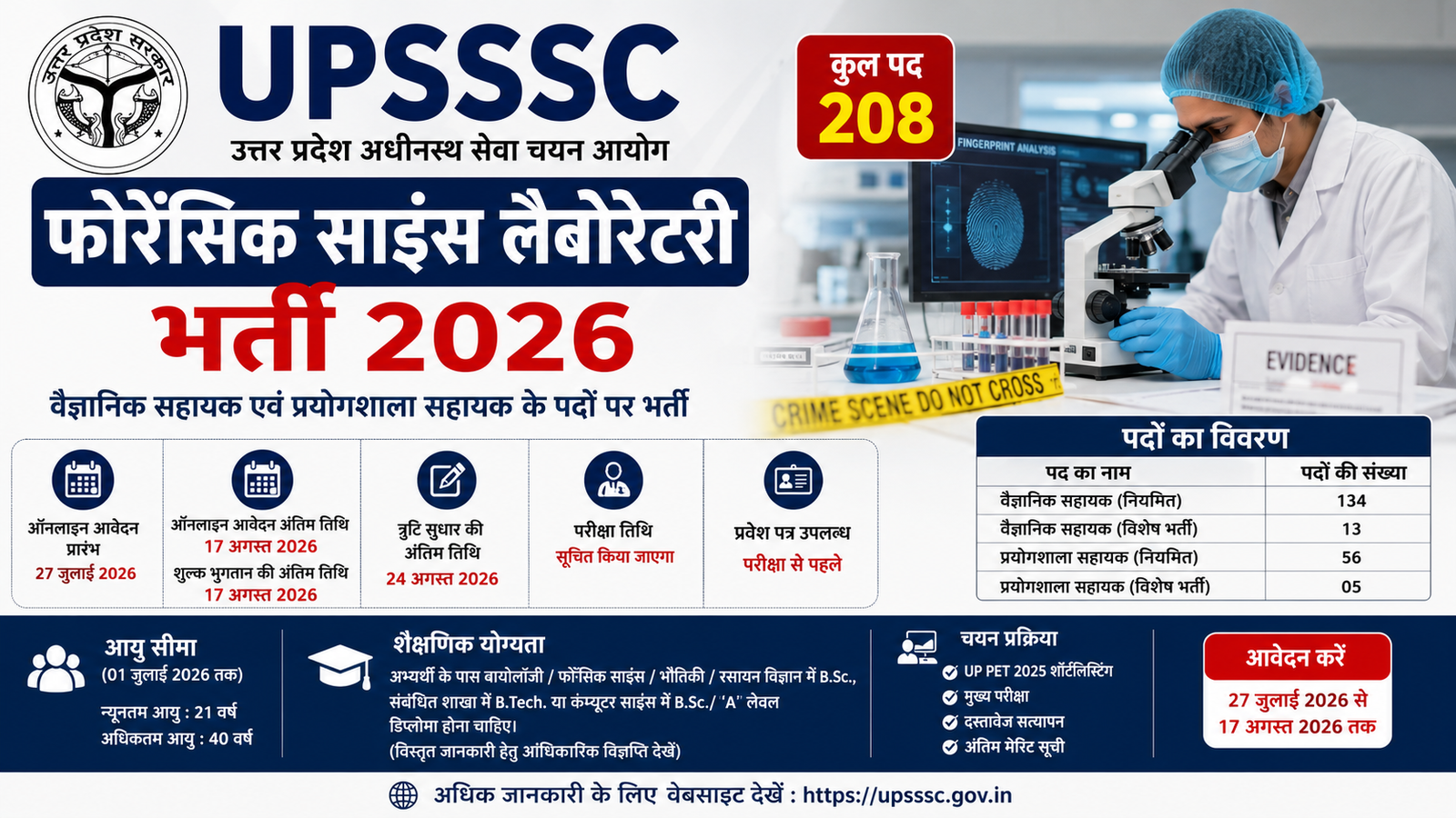 UPSSSC Forensic Science Laboratory Recruitment 2026, UPSSSC FSL Recruitment 2026, UPSSSC Scientific Assistant Recruitment 2026, UPSSSC Lab Assistant Recruitment 2026, UPSSSC Recruitment 2026, UPSSSC Vacancy 2026, UPSSSC Online Form 2026, UPSSSC Notification 2026, UPSSSC Scientific Assistant Vacancy, UPSSSC Laboratory Assistant Vacancy, FSL Recruitment 2026, Forensic Science Laboratory Recruitment 2026, Scientific Assistant Online Form 2026, Lab Assistant Online Form 2026, Uttar Pradesh Jobs 2026, UP Government Jobs 2026, Sarkari Naukri 2026, Latest Government Jobs, Govt Jobs 2026, Free Job Alert, Employment News, UPSSSC PET Recruitment 2026, UPSSSC PET Vacancy, BSc Jobs 2026, Forensic Science Jobs, Laboratory Assistant Jobs, Scientific Assistant Jobs, UPSSSC Apply Online, UPSSSC Exam 2026, UPSSSC Admit Card 2026, UPSSSC Result 2026, UPSSSC Age Limit, UPSSSC Eligibility, UPSSSC Selection Process, UPSSSC Application Fee, UPSSSC 208 Posts, Scientific Assistant 208 Vacancy, Lab Assistant Recruitment Uttar Pradesh, Forensic Lab Vacancy 2026, UPSSSC Bharti 2026, Sarkari Result, Sarkari Result 2026, Online Form 2026, Latest Recruitment 2026